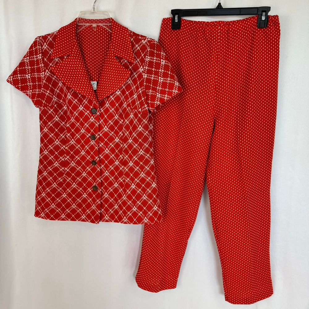 1970's Orange Polka Dot Plaid Polyester Pants Suit Women M
Short Sleeve
